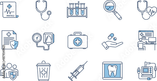 PrintLarge set of medical and healthcare icons in blue and black line art featuring hospital equipment diagnostics and dental care symbols.