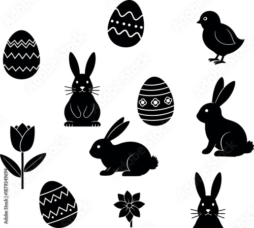 Happy easter sunday celebration with easter eggs rabbits and chicks