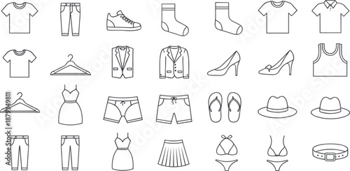 Large set of clothing and fashion accessories icons in black line art featuring shirts pants shoes and dresses.
