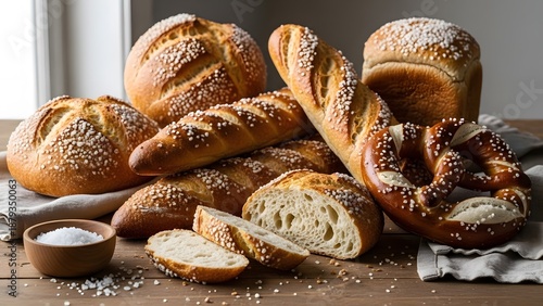 Freshly Baked Assortment: Bread, Baguettes, Pretzel on a Table