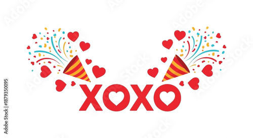 Festive hearts party horns and romantic hugs and kisses are displayed in a vibrant colorful silhouette