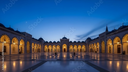 Ornate mosque courtyard at dusk with arched columns and warm lighting reflecting on wet floor