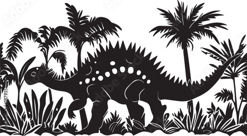 Tropical tyrannosaurus dinosaur vector illustration featuring a prehistoric silhouette on a summer beach landscape with palm trees and a sunset over the ocean