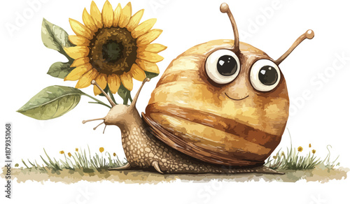A cute cartoon illustration of a funny snail and a bee isolated on a white background featuring a colorful flower and wildlife nature elements in a green vector art style