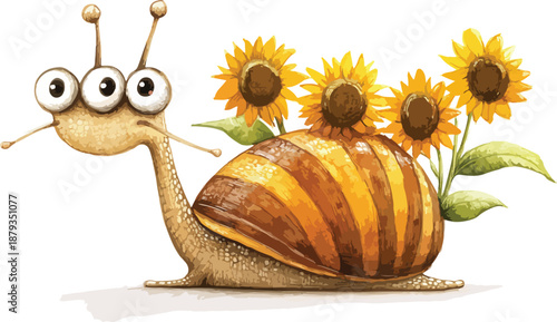 Cute cartoon vector illustration of a small brown snail with a spiral shell crawling on a white background near a colorful garden flower, isolated as a funny nature wildlife art piece