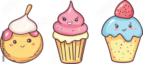 Delicious vector illustration of an ice cream set with pink cupcakes and chocolate birthday cake isolated on white, featuring sweet muffins and cherry pastry for a party celebration dessert