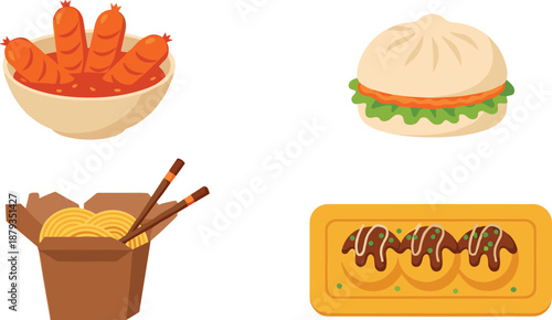 Illustration of assorted Asian foods including shrimp bowl, steamed bun, noodle takeout, and takoyaki on a serving tray