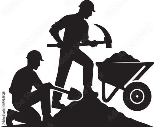 Construction workers silhouette illustration manual labor teamwork mining digging industry work concept vector icon