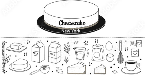 Horizontal banner of New York cheesecake with a whole cake illustration and a bottom border of hand drawn ingredients in black line art doodle style.