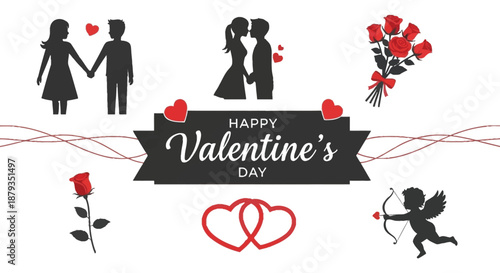 Valentine s day celebration featuring a loving couple hearts roses and an angel depicted as a silhouette