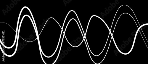 Abstract White Flowing Light Waves on Black Background, Smooth Curved Lines Representing Sound Frequency, Digital Signal, Energy Motion, and Modern Technology Concept.