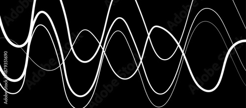Abstract White Flowing Light Waves on Black Background, Smooth Curved Lines Representing Sound Frequency, Digital Signal, Energy Motion, and Modern Technology Concept.