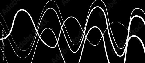 Abstract White Flowing Light Waves on Black Background, Smooth Curved Lines Representing Sound Frequency, Digital Signal, Energy Motion, and Modern Technology Concept.