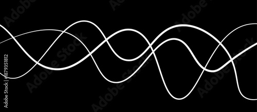 Abstract White Flowing Light Waves on Black Background, Smooth Curved Lines Representing Sound Frequency, Digital Signal, Energy Motion, and Modern Technology Concept.
