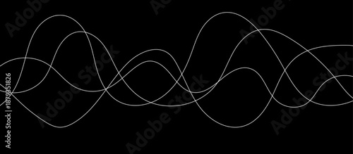 Abstract White Flowing Light Waves on Black Background, Smooth Curved Lines Representing Sound Frequency, Digital Signal, Energy Motion, and Modern Technology Concept.