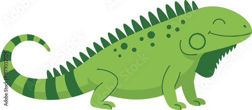 Cute green iguana cartoon illustration featuring reptile details, scales, tail stripes, and friendly lizard character design