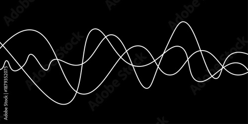 Abstract White Flowing Light Waves on Black Background, Smooth Curved Lines Representing Sound Frequency, Digital Signal, Energy Motion, and Modern Technology Concept.