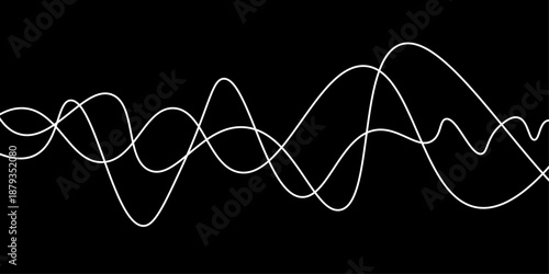 Abstract White Flowing Light Waves on Black Background, Smooth Curved Lines Representing Sound Frequency, Digital Signal, Energy Motion, and Modern Technology Concept.
