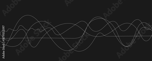 Abstract White Flowing Light Waves on Black Background, Smooth Curved Lines Representing Sound Frequency, Digital Signal, Energy Motion, and Modern Technology Concept.