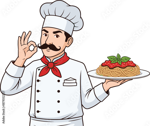 Italian chef illustration holding a plate of spaghetti pasta while making an OK gesture, perfect for food and restaurant designs