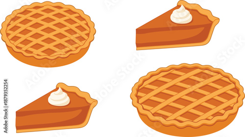 Delicious pumpkin pie illustrations featuring whole pies and slices with whipped cream for dessert, bakery, and food design themes