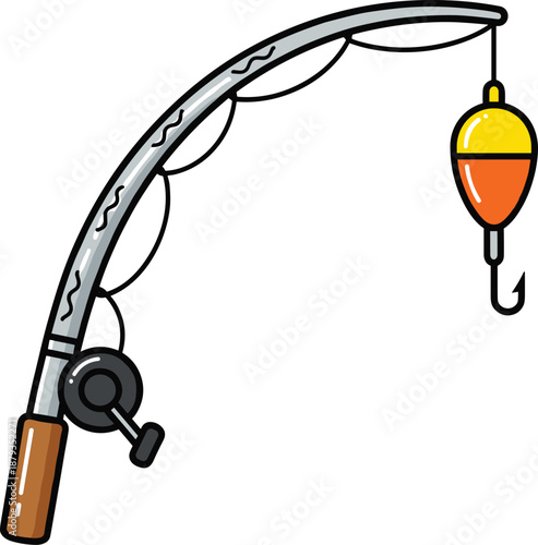 Fishing rod illustration with reel, line, hook, and bobber featuring outdoor angling equipment for sport and hobby designs