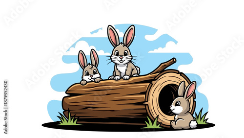 Three adorable cartoon rabbits playing around a hollow log in a grassy field with a blue sky and clouds.