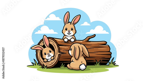Three adorable cartoon bunnies playing around a hollow log in a grassy field with clouds in the background.