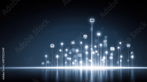 Digital Transformation Concept with Glowing Icons Representing Modern Technology and Data Connectivity on a Dark Background