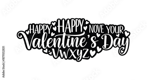 A striking valentine s day typographic design with hearts and swirling script presented as a dark silhouette
