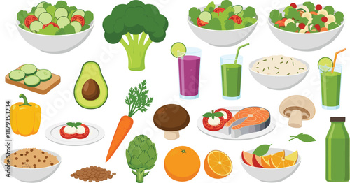 Healthy food illustration set featuring vegetables, fruits, salads, smoothies, grains, and nutritious ingredients for clean eating designs