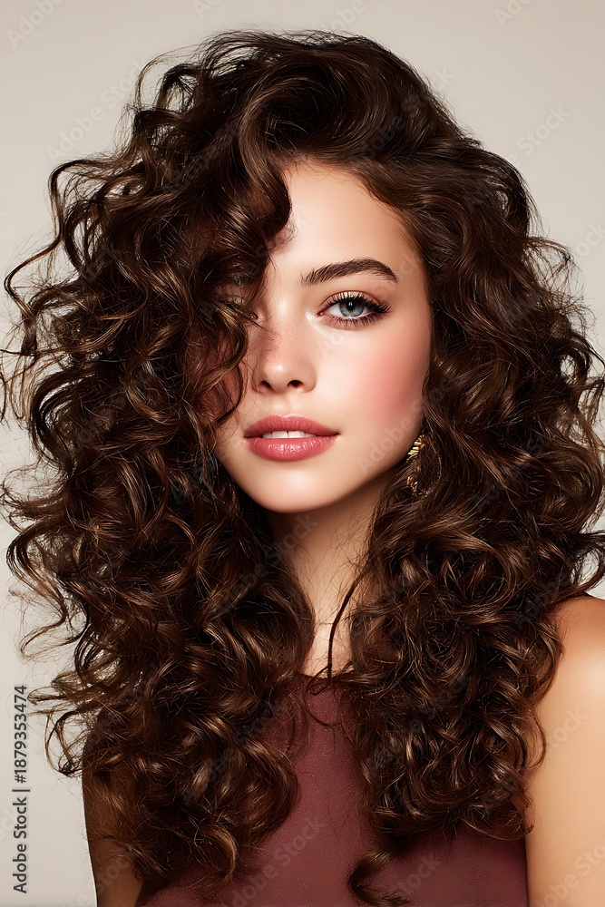 Fototapeta premium Images of healthy, curly hair with defined, shiny waves are ideal for advertising hair care products for curly hair, shampoos, treatments, and hair care brands.