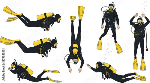 Scuba diver illustrations showing various underwater swimming poses with diving gear, oxygen tanks, wetsuits, fins, and masks