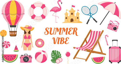 Bright summer vibe illustration set featuring beach items, flamingo, umbrella, sandcastle, swimsuit girl, watermelon, and vacation accessories