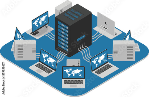 Central server network illustration, data center concept with connected computers, cloud computing infrastructure, global internet technology system isometric design