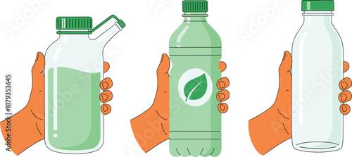 Eco-friendly bottle illustration set showing hands holding reusable containers, sustainable drink bottles, and recyclable packaging designs