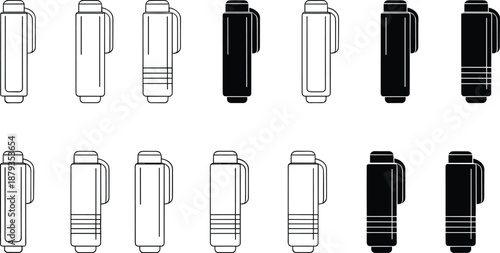 Thermos bottle icons in outline and solid styles featuring insulated drink container designs for travel, outdoor, and camping graphics