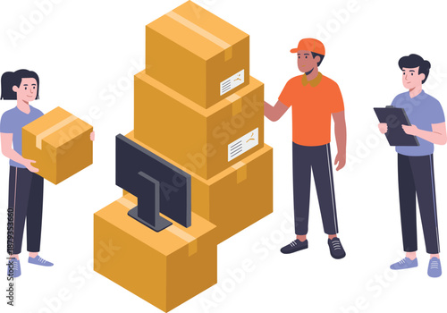 Warehouse workers managing packages illustration, order fulfillment process, logistics team checking inventory, ecommerce shipping operations, supply chain management