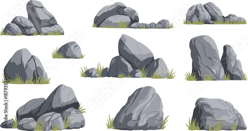 Rock formations illustration set, natural stone boulders with grass, landscape design elements, game assets, nature environment vector collection