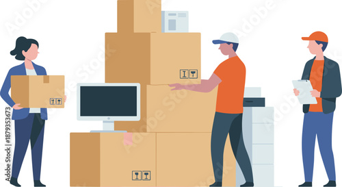 Warehouse workers managing packages illustration, order fulfillment process, logistics team checking inventory, ecommerce shipping operations, supply chain management
