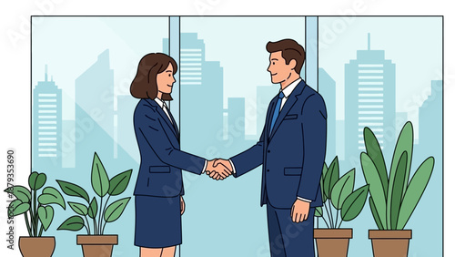 A man and a woman in business suits shake hands in an office with a city skyline view.