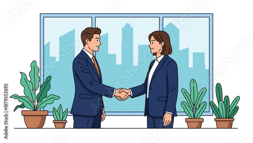 Two business professionals, a man and a woman, shaking hands in an office setting with plants and a city skyline view.