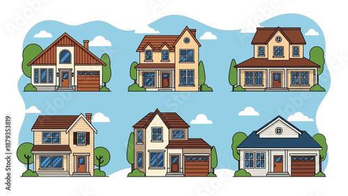 A collection of six diverse residential houses, each with unique architectural styles and features, set against a light blue sky with fluffy clouds.