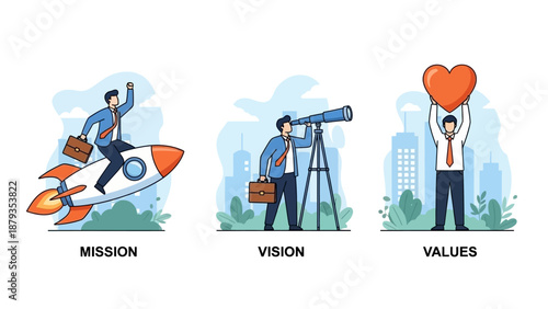 Business concept illustration showing mission, vision, and values with a rocket, telescope, and heart symbol.