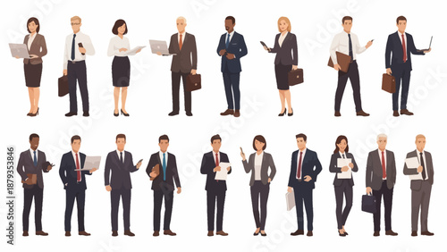 A diverse group of business professionals, both men and women, are depicted in a studio setting, showcasing various business attire and accessories.