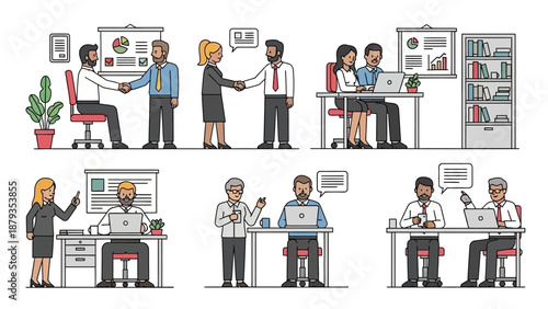 Illustrations depicting various business scenarios and office interactions, including meetings, collaborations, and presentations.