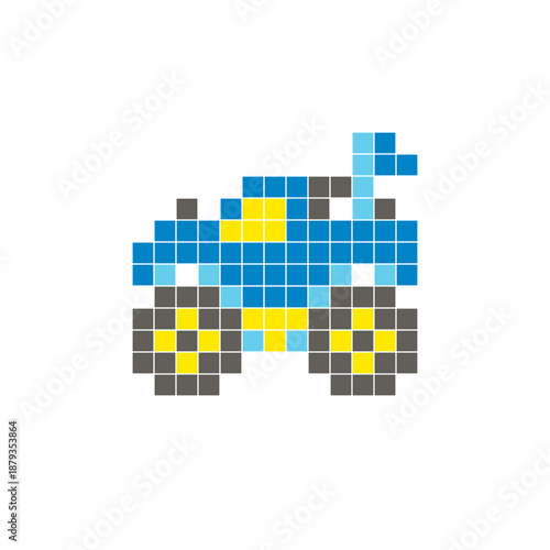 A flat pixel design made of geometric square color blocks on a clean icon layout. Pixel art monster truck