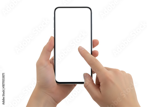 Human hands interacting with a modern smartphone, showcasing a blank white screen for custom content display, isolated on a white background