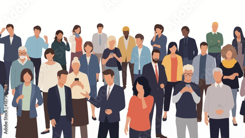 A diverse group of people of various ages and ethnicities standing together, some looking at their phones.