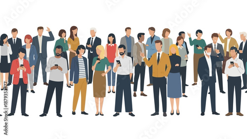 A diverse group of people standing together, some looking at their phones, in a flat illustration style.